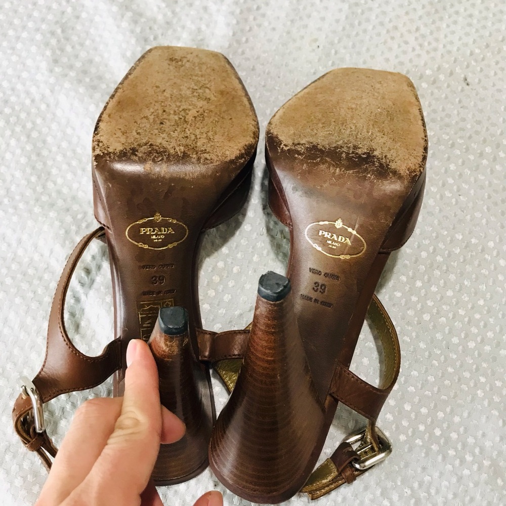 Prada Brown Leather Peep-Toe Slingback Heels - Picture 12 of 15
